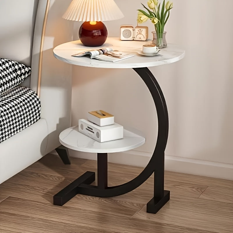 C-Shaped Metal Frame Small Coffee Table with Storage Shelf, Light Luxury Minimalist Nordic Style Side Table by Sofa, Bedside Side Cabinet