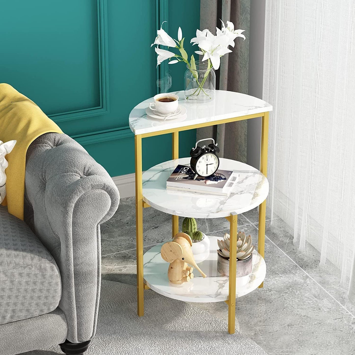 White and Gold End Side Table, 3-Tier Faux Marble Nightstand Storage Shelf with Golden Metal Frame, Round Coffee Table Bedside Table Nightstand for Living Rome,