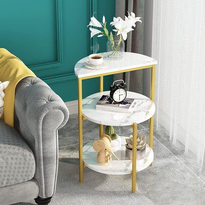 White and Gold End Side Table, 3-Tier Faux Marble Nightstand Storage Shelf with Golden Metal Frame, Round Coffee Table Bedside Table Nightstand for Living Rome,