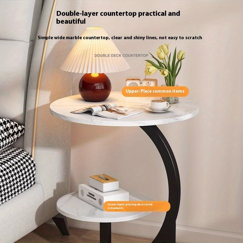 Simple Luxury Solid Wood Circular Coffee Table - Modern Double-Layer Sofa Side Cabinet, Creative Lightweight Luxury Side Table,