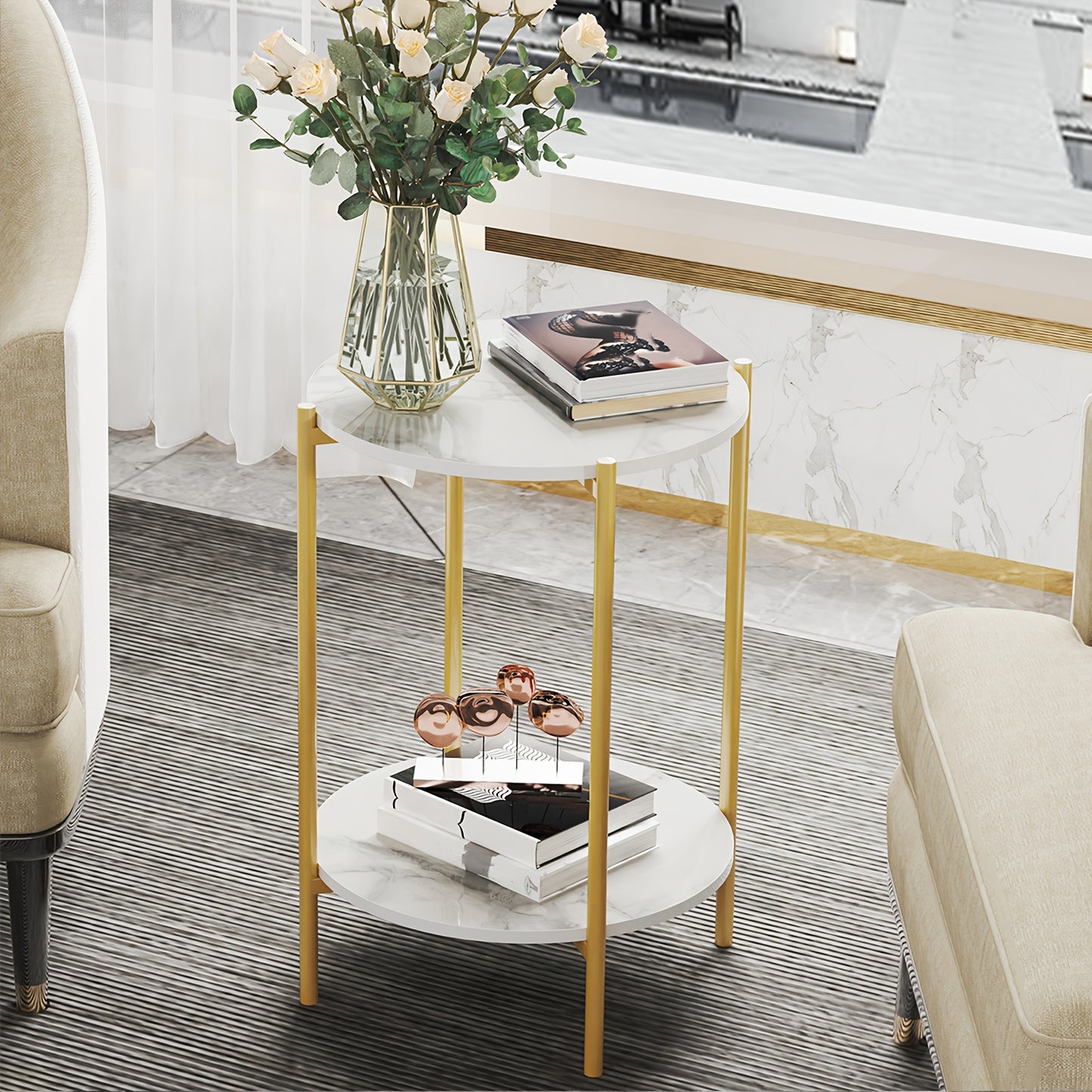 AESOME Modern Round End Table with Sintered Stone Top & Golden Metal Frame - 2-Tier Heavy-Duty Accent Side Table, Marble-Like Surface,
