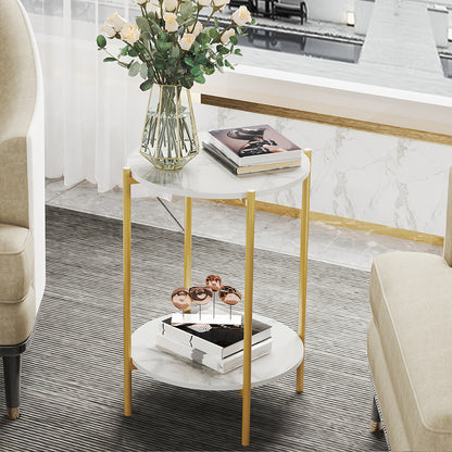 AESOME Modern Round End Table with Sintered Stone Top & Golden Metal Frame - 2-Tier Heavy-Duty Accent Side Table, Marble-Like Surface,