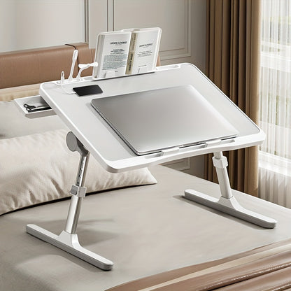 Adjustable Height Foldable Laptop Bed Table with USB Charging Port, Ergonomic Bedside Desk with Handle, Desktop Card Slot & Side Drawer