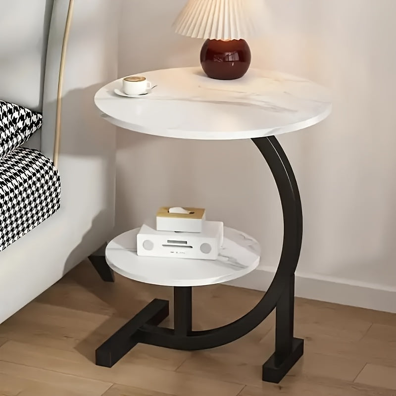 C-Shaped Metal Frame Small Coffee Table with Storage Shelf, Light Luxury Minimalist Nordic Style Side Table by Sofa, Bedside Side Cabinet