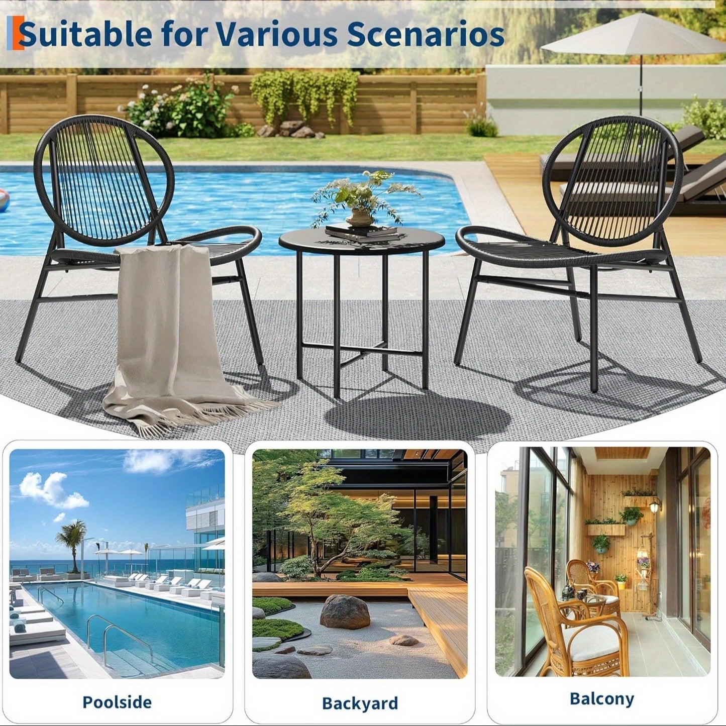 3pcs Outdoor Chair Patio Bistro Set, Acapulco Chairs Set Of 2 with Metal Coffee Table, All Weather Patio Chair Conversation Bistro Set with Steel Frame for Balcony,