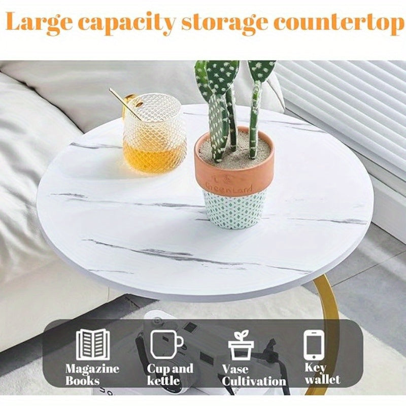 Modern 2-Tier Faux Marble Side Table with Storage Shelf, Small Round End Table for Living Room or Bedroom, Stylish Bedside and Decorative Table,
