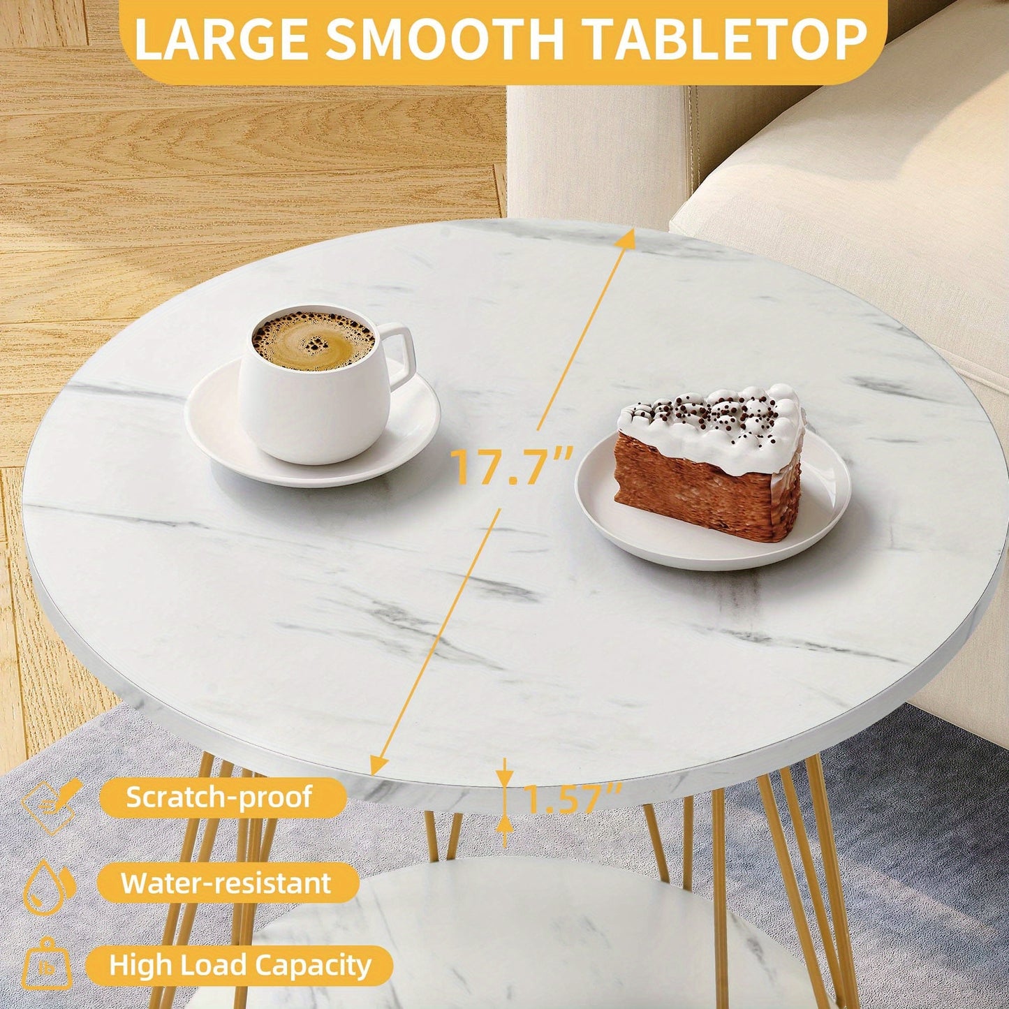 Sablyme 2-Tier Faux Marble Side Table with Storage, Round End Table for Living Room, Bedroom & Office, White & Golden Finish