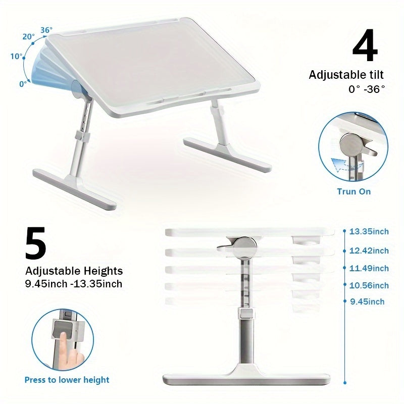 Adjustable Height Foldable Laptop Bed Table with USB Charging Port, Ergonomic Bedside Desk with Handle, Desktop Card Slot & Side Drawer
