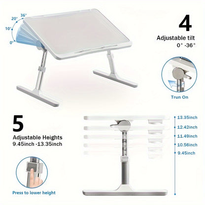 Adjustable Height Foldable Laptop Bed Table with USB Charging Port, Ergonomic Bedside Desk with Handle, Desktop Card Slot & Side Drawer