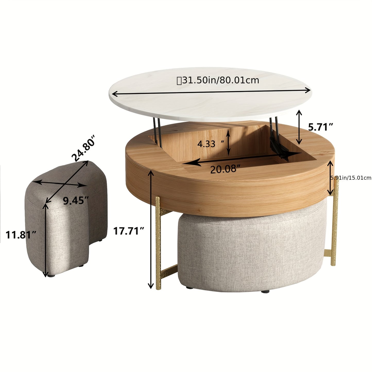 Modern Lift-Top Coffee Table with Storage & Stools - Adjustable Height, Faux Marble Top, Wooden Base, Space-Saving Design for Living Room or Office,