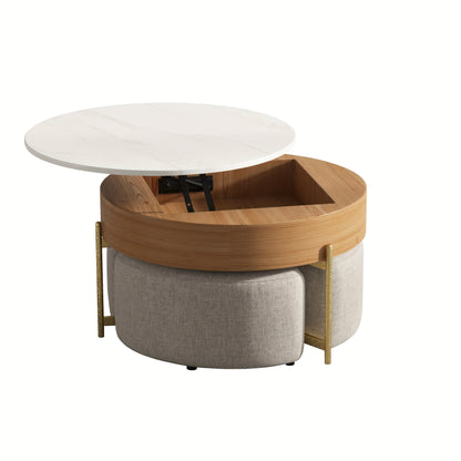 Modern Lift-Top Coffee Table with Storage & Stools - Adjustable Height, Faux Marble Top, Wooden Base, Space-Saving Design for Living Room or Office,
