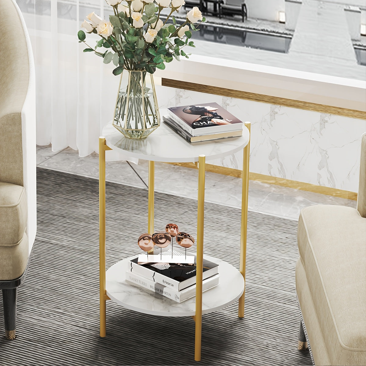 AESOME Modern Round End Table with Sintered Stone Top & Golden Metal Frame - 2-Tier Heavy-Duty Accent Side Table, Marble-Like Surface,