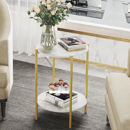 AESOME Modern Round End Table with Sintered Stone Top & Golden Metal Frame - 2-Tier Heavy-Duty Accent Side Table, Marble-Like Surface,