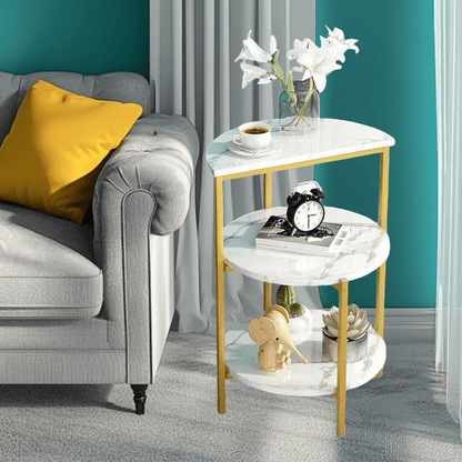 Modern End Table, 3-Tier Faux Marble Side Table for Living Room, Small Round Coffee Table with Gold Metal Frame, Bedside Tables Nightstand for Living Room, Bedroom,