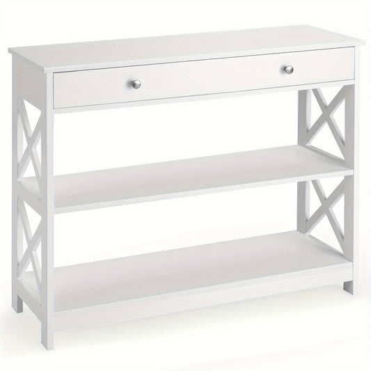 3-Tier Console Table X-Design Sofa Entryway Table with Drawer & Shelves