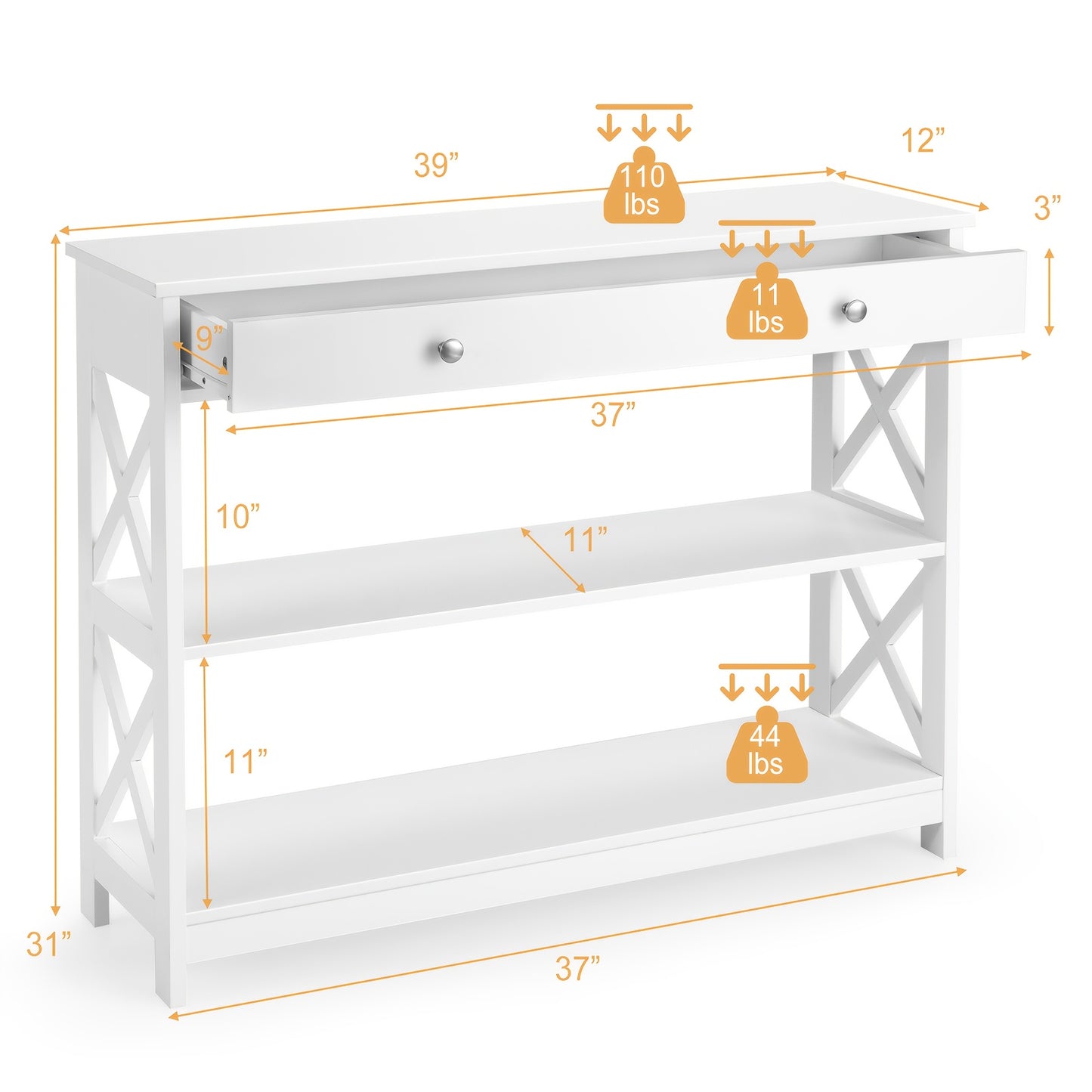 3-Tier Console Table X-Design Sofa Entryway Table with Drawer & Shelves