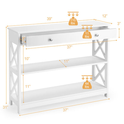 3-Tier Console Table X-Design Sofa Entryway Table with Drawer & Shelves