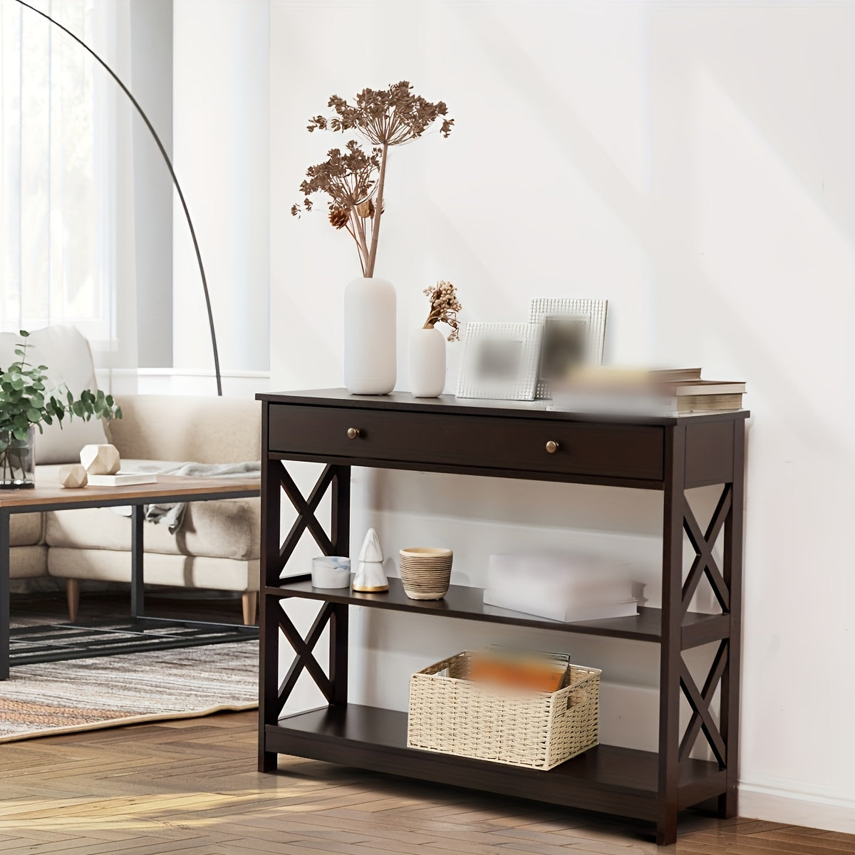3-Tier Console Table X-Design Sofa Entryway Table with Drawer & Shelves