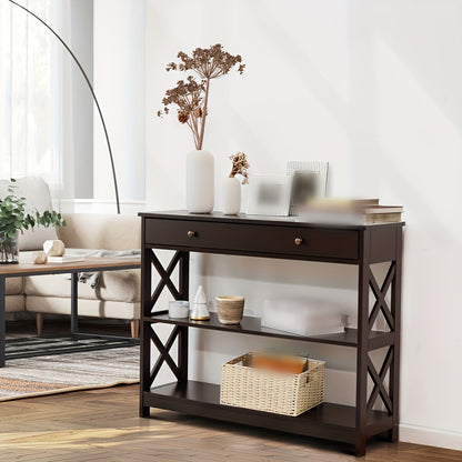 3-Tier Console Table X-Design Sofa Entryway Table with Drawer & Shelves