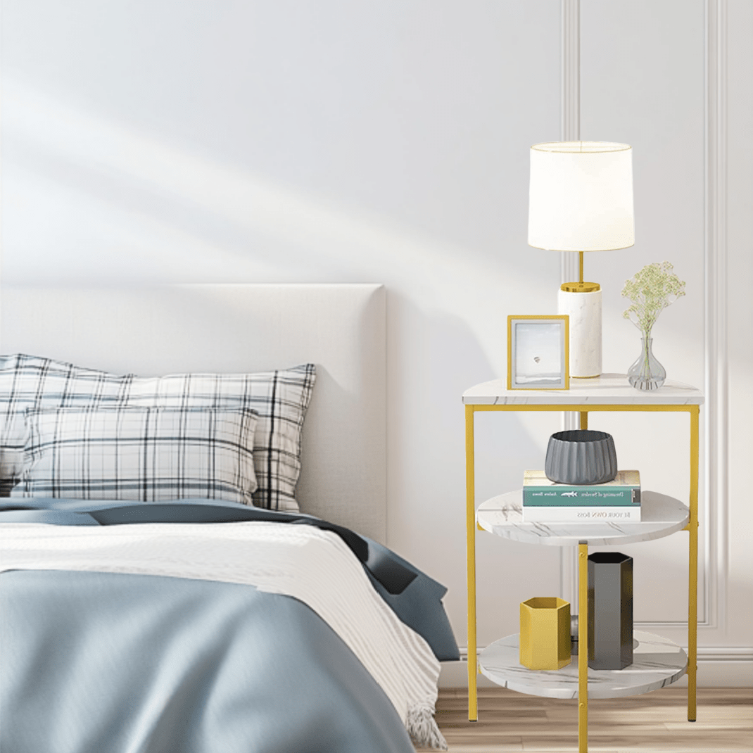 Modern End Table, 3-Tier Faux Marble Side Table for Living Room, Small Round Coffee Table with Gold Metal Frame, Bedside Tables Nightstand for Living Room, Bedroom,