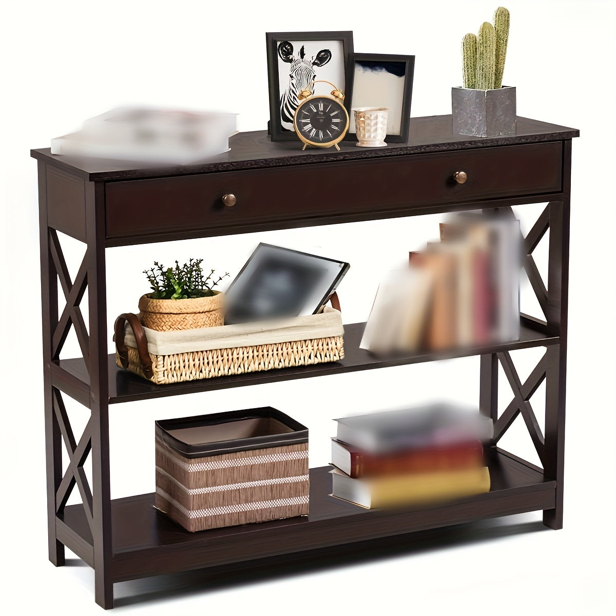 3-Tier Console Table X-Design Sofa Entryway Table with Drawer & Shelves