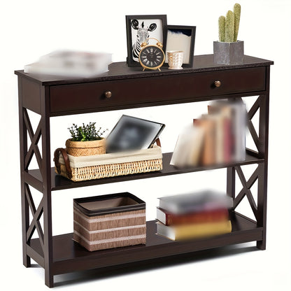 3-Tier Console Table X-Design Sofa Entryway Table with Drawer & Shelves