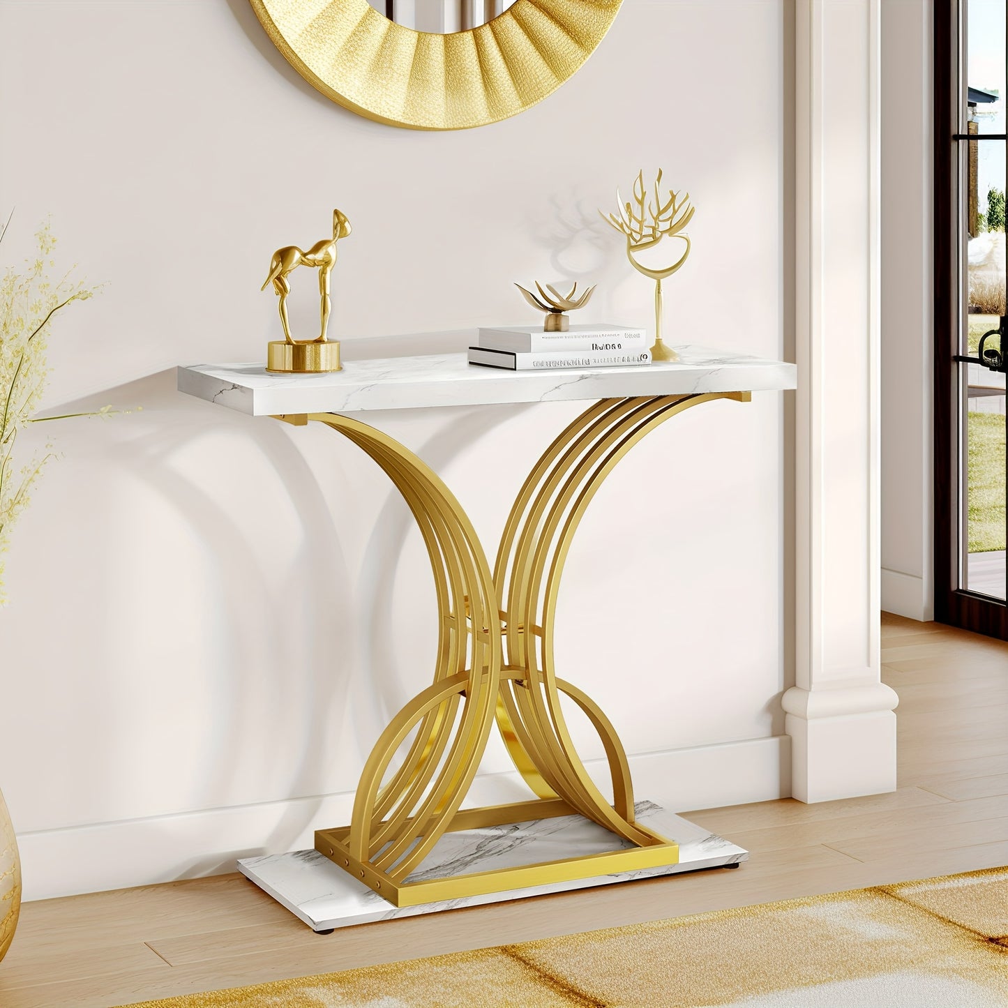 Roadrix Luxurious Golden Console Table, 40-Inch Modern Entryway Narrow Sofa Table, Faux Marble White\u002FBlack Top, Stylish Hallway Accent Table For Living Room,