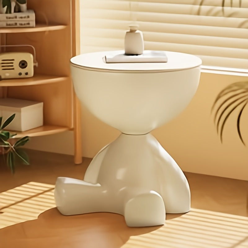Modern Mini Bedside Table with Unique Base Design, White Plastic Mobile Small Round Table for Bedroom, Compact and Stylish Nightstand with Storage Shelf,