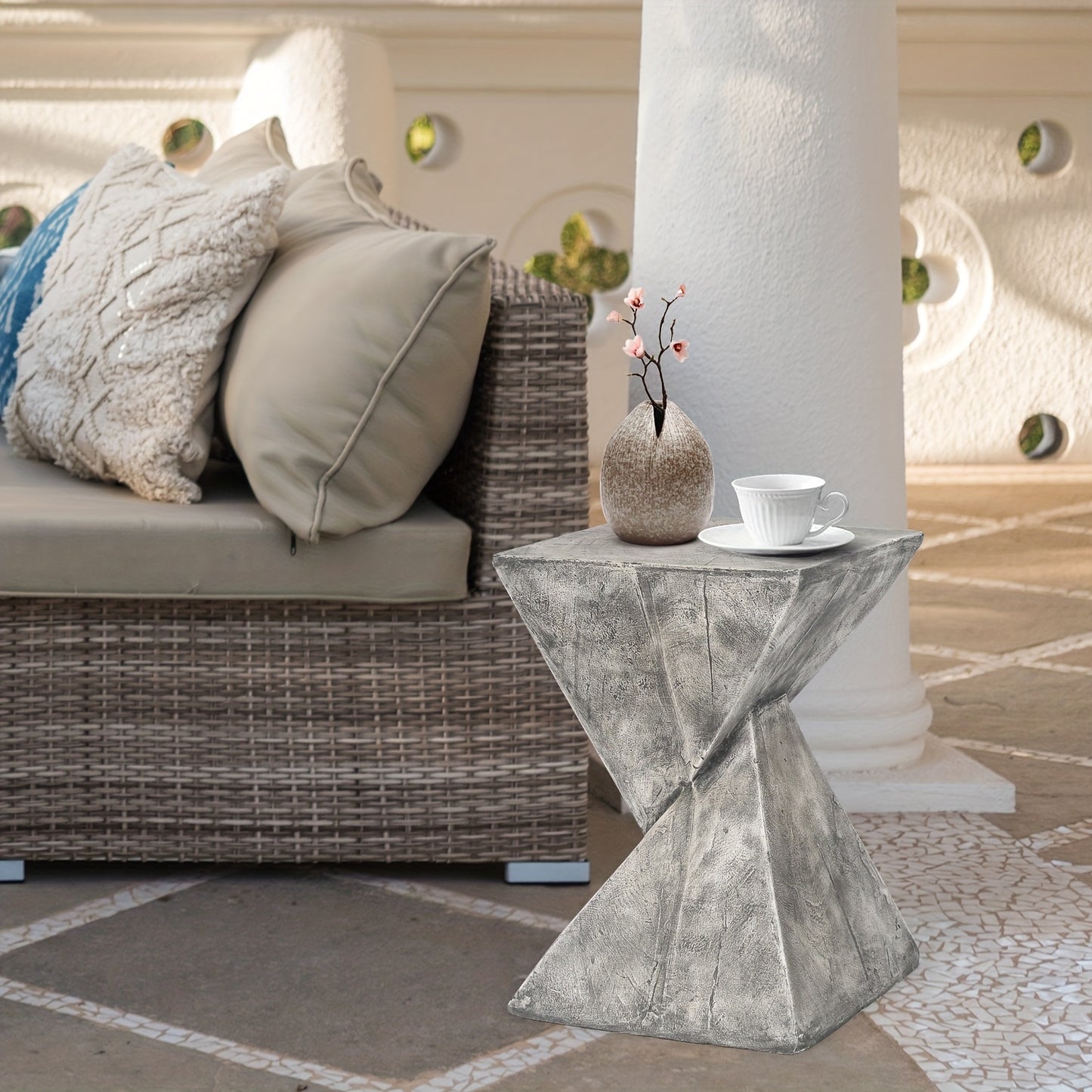 Light-Weight Concrete Accent End Table, Modern Timer Outdoor Side Table for Living Room Backyard