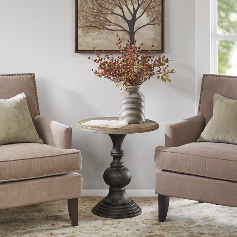 Madison Park Lexi Modern Round Accent Table - Reclaimed Walnut Wood Top & Black Base, Hand-Carved Detailing, 22.25\