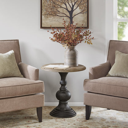 Madison Park Lexi Modern Round Accent Table - Reclaimed Walnut Wood Top & Black Base, Hand-Carved Detailing, 22.25\