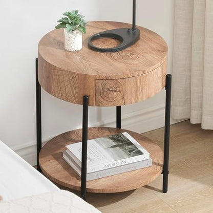 GarveeHome Round End Table with Drawer - Modern Farmhouse Accent Nightstand, Solid Hardwood & Metal Black Legs,
