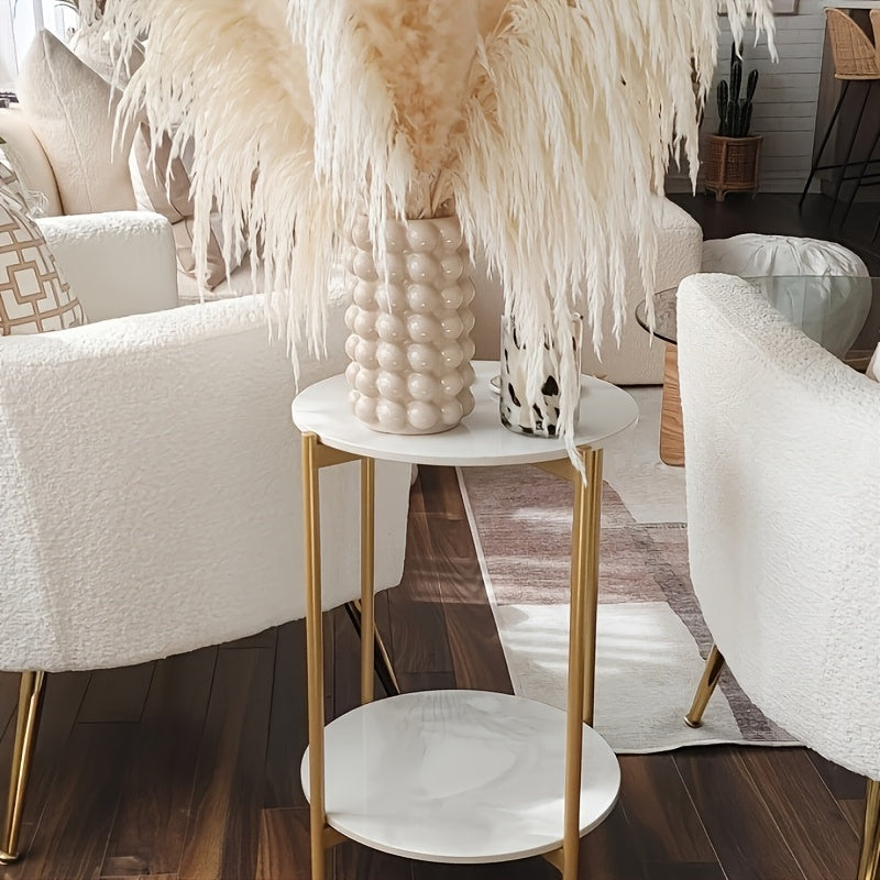 AESOME Modern Round End Table with Sintered Stone Top & Golden Metal Frame - 2-Tier Heavy-Duty Accent Side Table, Marble-Like Surface,