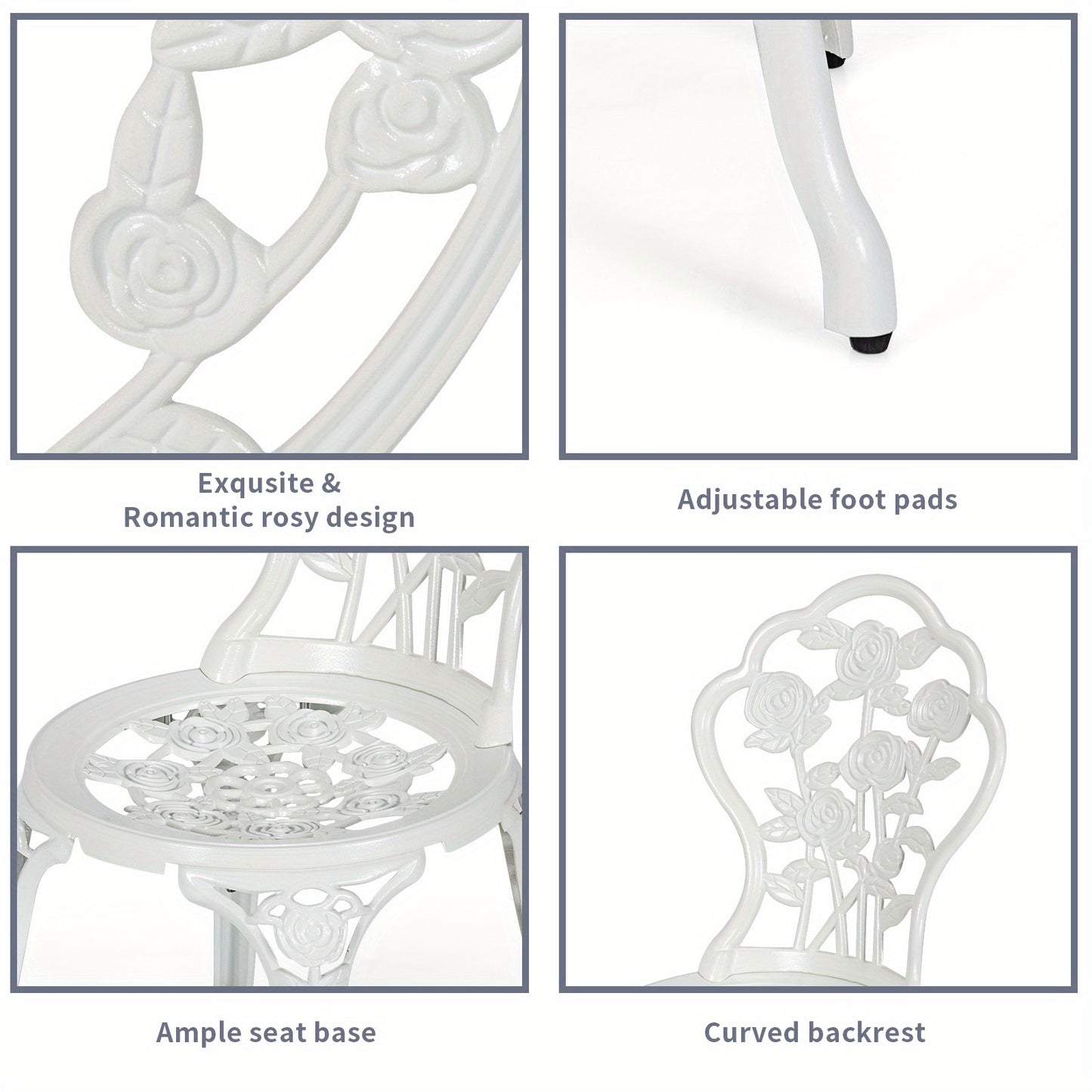 MULTIGOT 3pcs Cast Aluminum Patio Bistro Furniture Set Rose Design Outdoor White