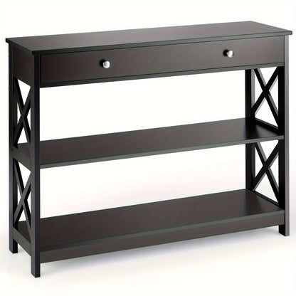 3-Tier Console Table X-Design Sofa Entryway Table with Drawer & Shelves