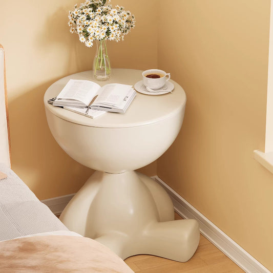 Modern Mini Bedside Table with Unique Base Design, White Plastic Mobile Small Round Table for Bedroom, Compact and Stylish Nightstand with Storage Shelf,