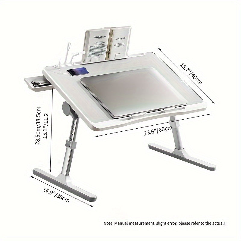 Adjustable Height Foldable Laptop Bed Table with USB Charging Port, Ergonomic Bedside Desk with Handle, Desktop Card Slot & Side Drawer