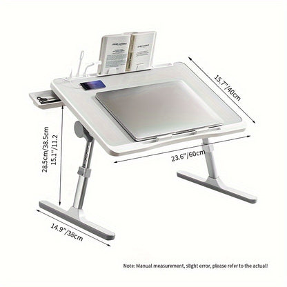 Adjustable Height Foldable Laptop Bed Table with USB Charging Port, Ergonomic Bedside Desk with Handle, Desktop Card Slot & Side Drawer