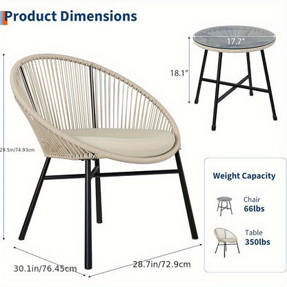 3pcs Outdoor Acapulco Chair Patio Bistro Set, All-Weather Acapulco Chairs With Glass Top Table, Modern Patio Conversation Chairs Set Of 2 For Balcony, Pool, Garden, Backyard