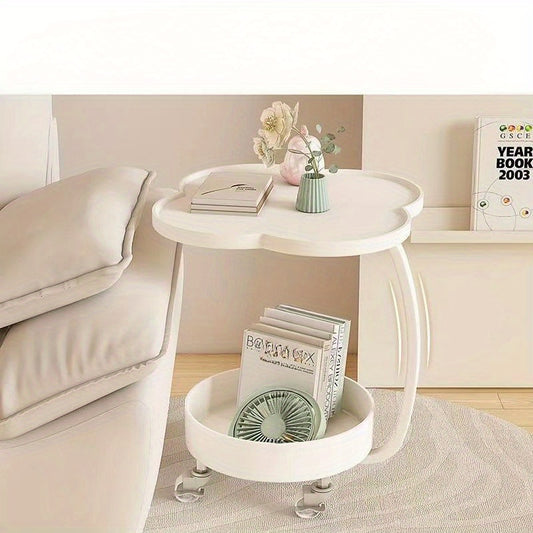 1pc Modern Minimalist Mobile Coffee Table with Wheels - Cream Style Light Luxury Sofa Side Table, Durable Plastic 2-Tier Design, Easy Assembly for Living Room,