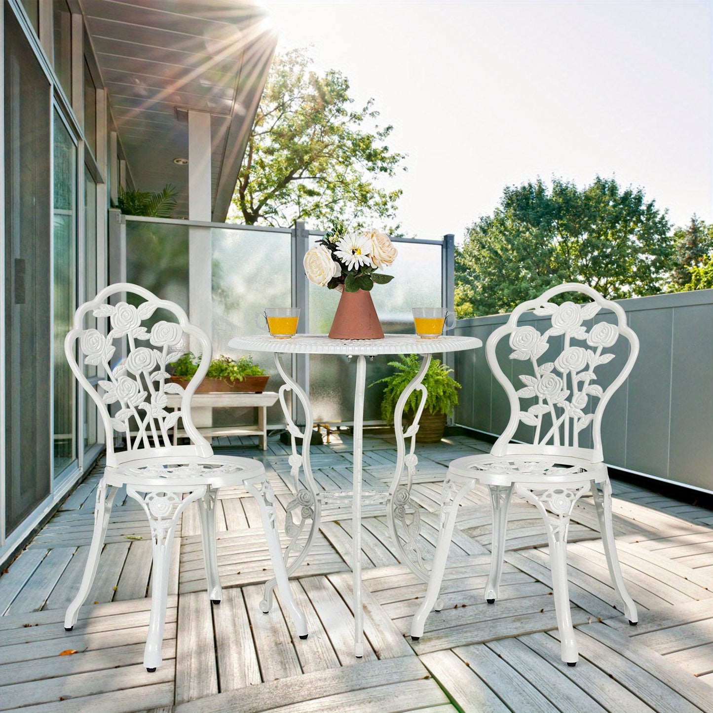 MULTIGOT 3pcs Cast Aluminum Patio Bistro Furniture Set Rose Design Outdoor White
