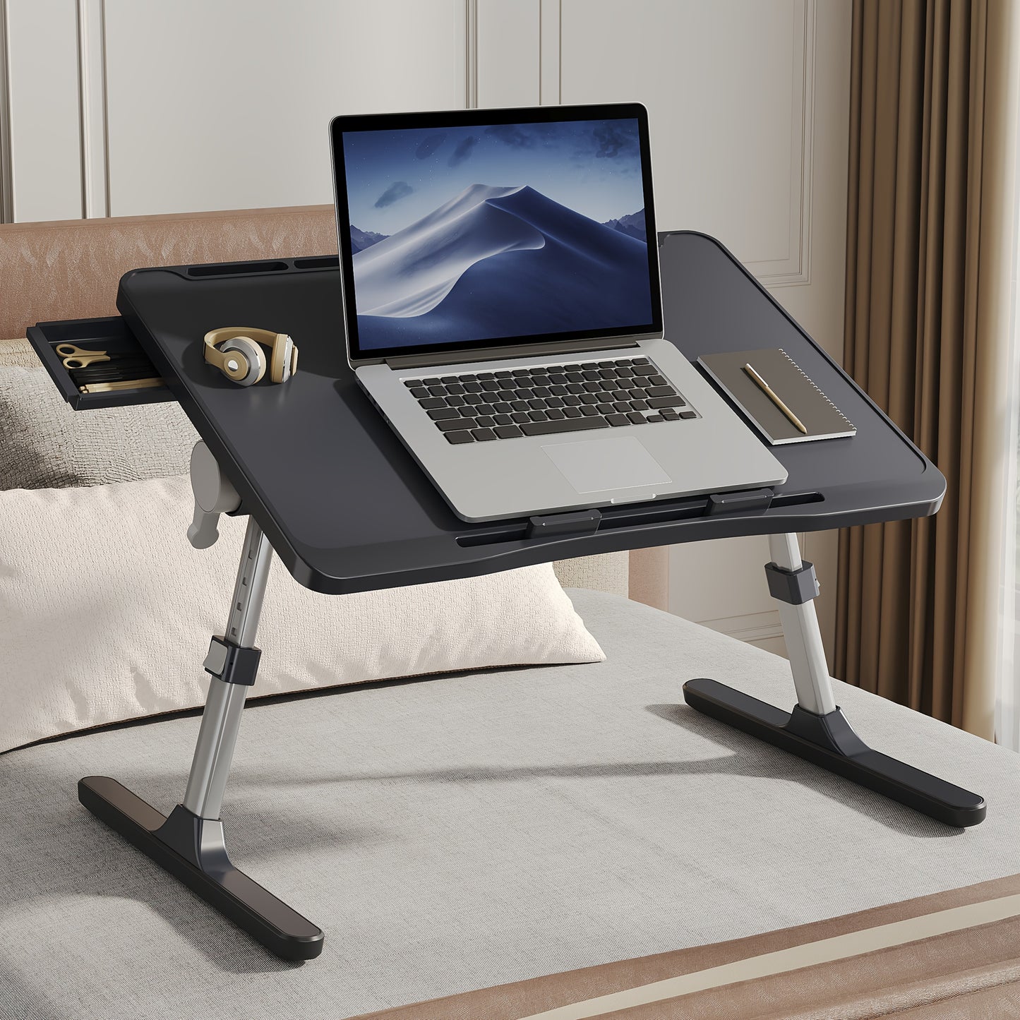 Adjustable Height Foldable Laptop Bed Table with USB Charging Port, Ergonomic Bedside Desk with Handle, Desktop Card Slot & Side Drawer