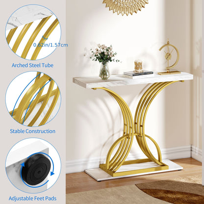 Roadrix Luxurious Golden Console Table, 40-Inch Modern Entryway Narrow Sofa Table, Faux Marble White\u002FBlack Top, Stylish Hallway Accent Table For Living Room,