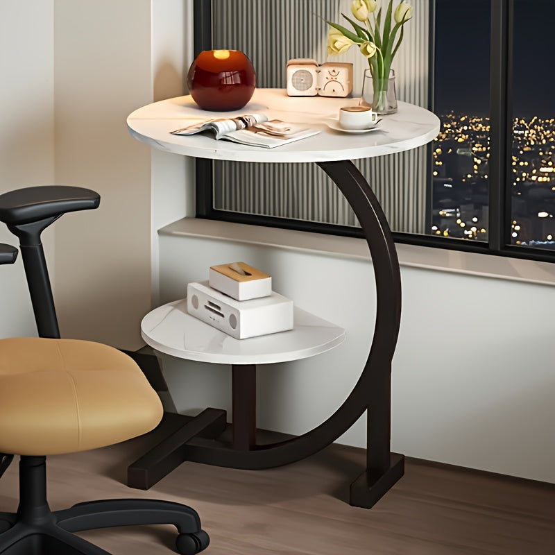 C-Shaped Metal Frame Small Coffee Table with Storage Shelf, Light Luxury Minimalist Nordic Style Side Table by Sofa, Bedside Side Cabinet