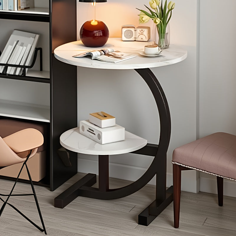 C-Shaped Metal Frame Small Coffee Table with Storage Shelf, Light Luxury Minimalist Nordic Style Side Table by Sofa, Bedside Side Cabinet
