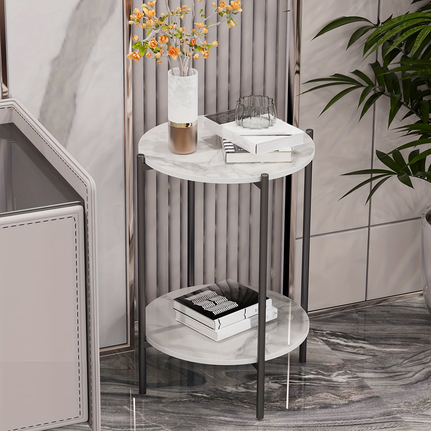 AESOME Modern Round End Table with Sintered Stone Top & Golden Metal Frame - 2-Tier Heavy-Duty Accent Side Table, Marble-Like Surface,