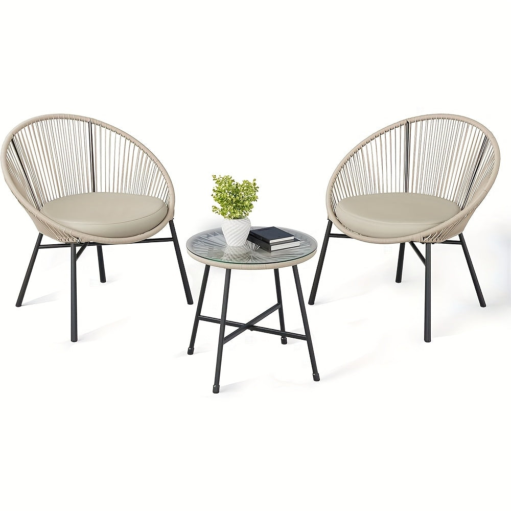 3pcs Outdoor Acapulco Chair Patio Bistro Set, All-Weather Acapulco Chairs With Glass Top Table, Modern Patio Conversation Chairs Set Of 2 For Balcony, Pool, Garden, Backyard