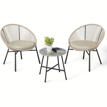 3pcs Outdoor Acapulco Chair Patio Bistro Set, All-Weather Acapulco Chairs With Glass Top Table, Modern Patio Conversation Chairs Set Of 2 For Balcony, Pool, Garden, Backyard