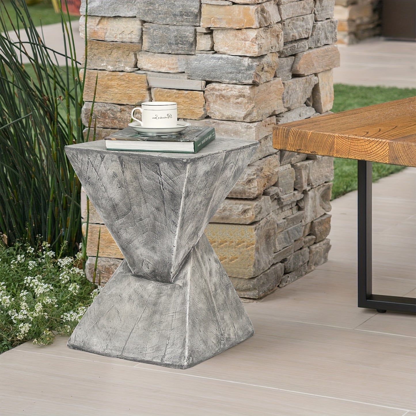 Light-Weight Concrete Accent End Table, Modern Timer Outdoor Side Table for Living Room Backyard