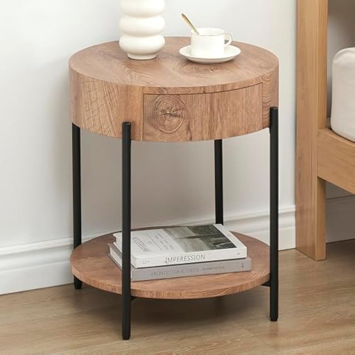 GarveeHome Round End Table with Drawer - Modern Farmhouse Accent Nightstand, Solid Hardwood & Metal Black Legs,
